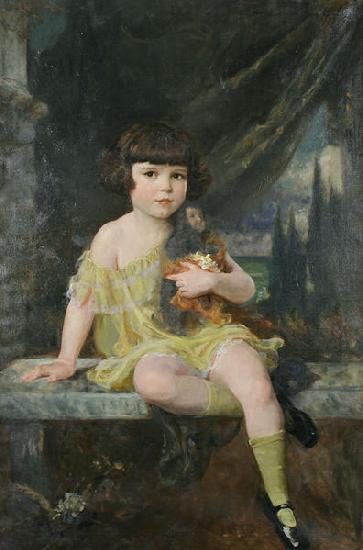 Douglas Volk Young Girl in Yellow Dress Holding her Doll, oil painting image